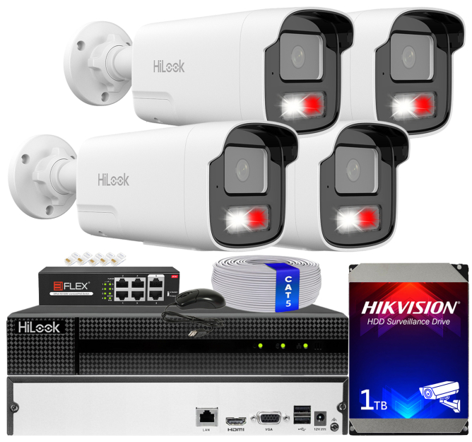 Zestaw do monitoringu IP 8Mpx, 4mm, 4 Kamery IPC-B480HA-LUF/SL Live Guard, PoE  - HiLook by Hikvision | IPC-B480HA-LUF/SL(x4) POE KIT
