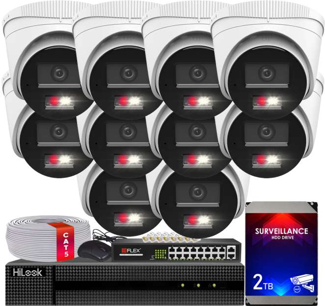Zestaw do Monitoringu IP 4Mpx, 10 Kamer IPC-T240HA-LUC Smart Hybrid Light, PoE - HiLook by Hikvision | IPC-T240HA-LUC(x10) POE KIT