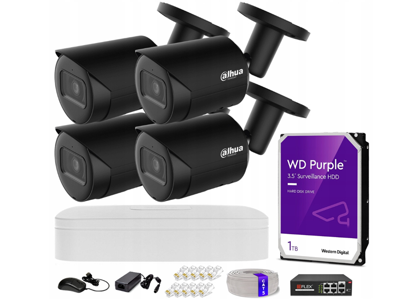 Zestaw do Monitoringu IP 4Mpx, IR30m, 4 Kamery IP, WizSense, Rejestrator 4ch, Switch PoE - Dahua | IPC-HFW2441S-S-0280B BLACK + NVR2104-S3
