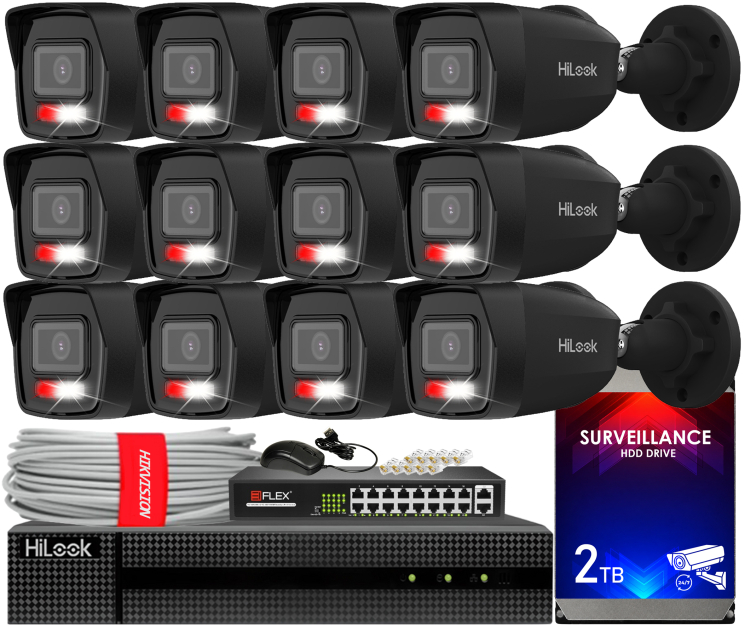 Zestaw do Monitoringu IP 6Mpx, 12 Kamer IPC-B160HA-LU BLACK Smart Hybrid Light, PoE - HiLook by Hikvision | IPC-B160HA-LU(x12)BlACK POE KIT