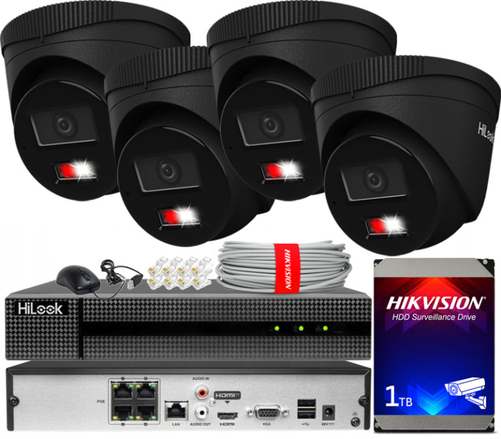 Zestaw do Monitoringu IP 6Mpx, 4 Kamery IPC-T260HA-LU BLACK Smart Hybrid Light, PoE - HiLook by Hikvision | IPC-T260HA-LU(x4)BlACK POE KIT