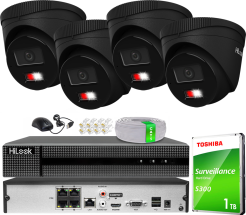Zestaw do Monitoringu IP 6Mpx, 4 Kamery IPC-T260HA-LU BLACK Smart Hybrid Light, PoE - HiLook by Hikvision | IPC-T260HA-LU(x4)BlACK POE KIT