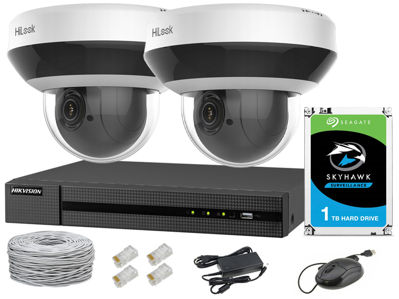 Zestaw do monitoringu IP, 2 kamery obrotowe PTZ 4Mpx, IR20, NVR 4xPoE, Dysk 1TB - Hilook by Hikvision | 5904035371256