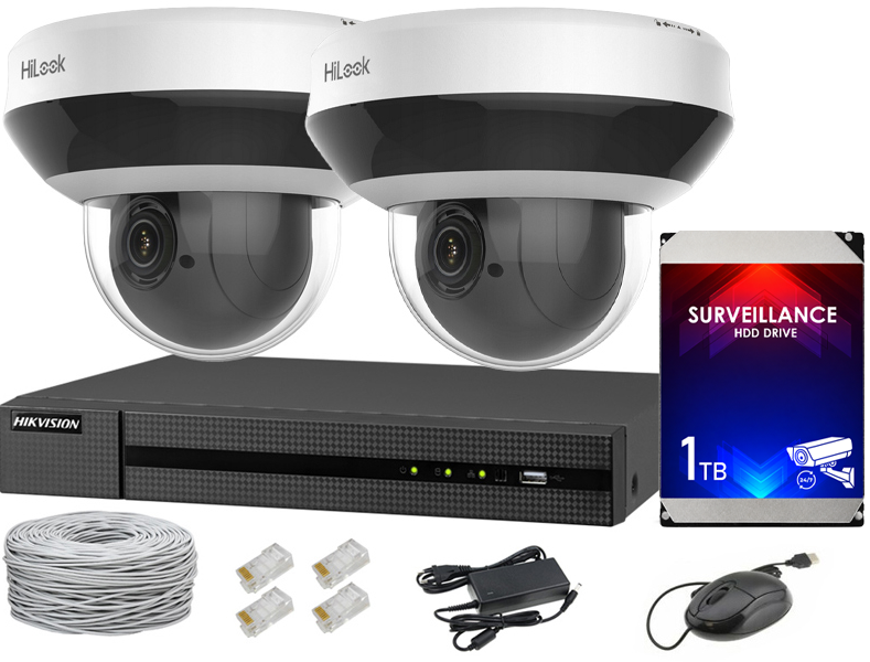 Zestaw do monitoringu IP, 2 kamery obrotowe PTZ 4Mpx, IR20, NVR 4xPoE, Dysk 1TB - Hilook by Hikvision | 5904035371256