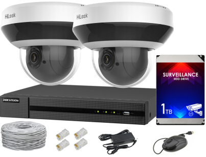 Zestaw do monitoringu IP, 2 kamery obrotowe PTZ 4Mpx, IR20, NVR 4xPoE, Dysk 1TB - Hilook by Hikvision | 5904035371256