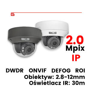 BCS-P-232R3S - Kamera kopułkowa, 2Mpix, IP, 2.8-12mm, IR: 30m, 3D-DNR, DWDR, DEFOG, ROI, ICR, AGC, BLC, HLC, IP66, IK10, H.264 - BCS POINT