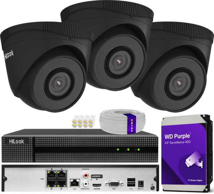 Zestaw do monitoringu IP 5Mpx, 3 Kamery IPC-T250H BLACK, PoE, IR30m - HiLook by Hikvision | IPC-T250H BLACK(x3) POE KIT