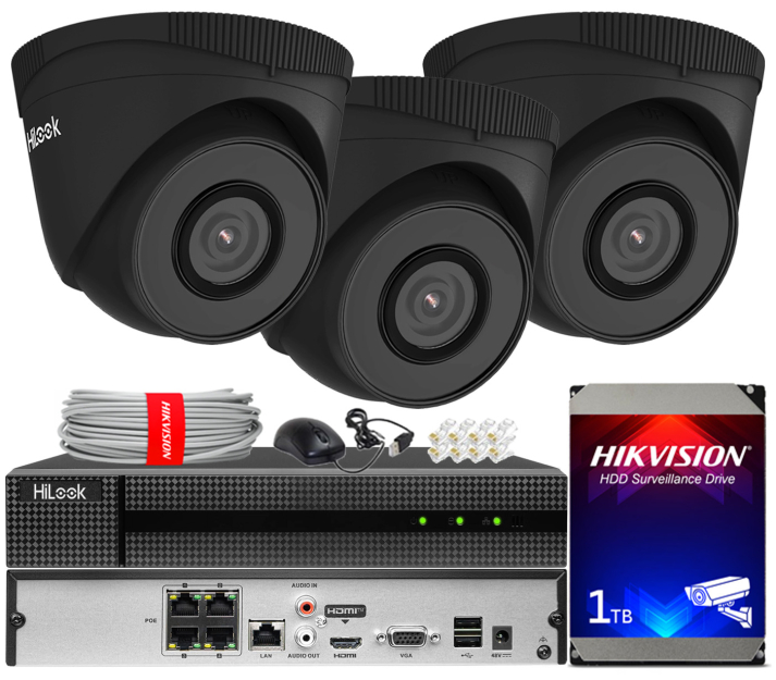 Zestaw do monitoringu IP 5Mpx, 3 Kamery IPC-T250H BLACK, PoE, IR30m - HiLook by Hikvision | IPC-T250H BLACK(x3) POE KIT