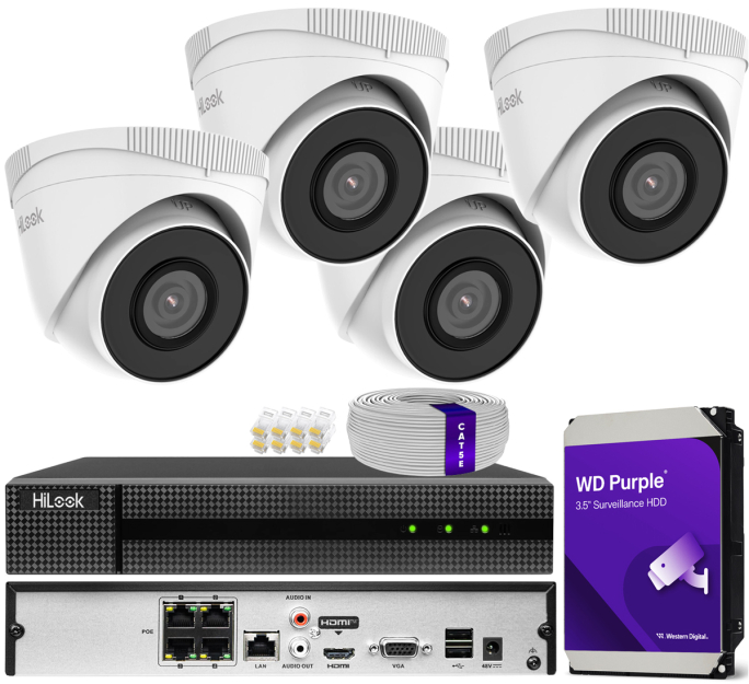 Zestaw do monitoringu IP 5Mpx, 4 Kamery IPC-T250H, PoE, IR30m - HiLook by Hikvision | IPC-T250H(x4) POE KIT