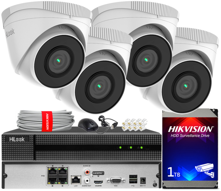 Zestaw do monitoringu IP 5Mpx, 4 Kamery IPC-T250H, PoE, IR30m - HiLook by Hikvision | IPC-T250H(x4) POE KIT