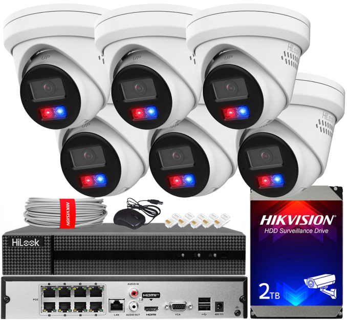 Zestaw do Monitoringu IP 6Mpx, 6 Kamer IPC-T260HAP-LUF/SL Smart Hybrid Light, PoE - HiLook by Hikvision | IPC-T260HAP-LUF/SL(x6) POE KIT