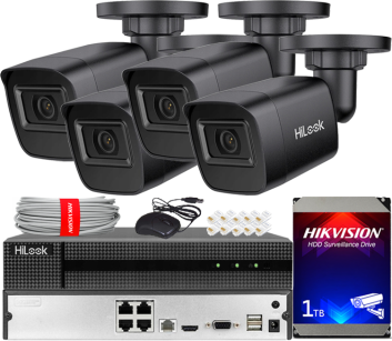 Zestaw do Monitoringu IP 4Mpx, 4x Kamera IPC-B141H-C BLACK, PoE, IR20m, IP67 - HiLook by Hikvision | IPC-B141H-C BLACK(x4) POE KIT