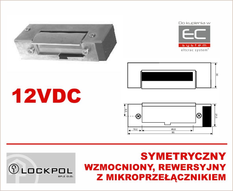 1561-12DC - Elektrozaczep 12VDC symetryczny, rewersyjny z czujnikiem, wzmocniony - Lockpol | 1561-12DC