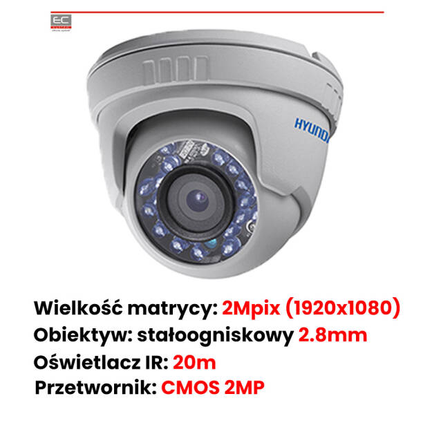 HYU-503 - Kamera kopułkowa 2Mpix, 2.8mm, HDTVI, HDCVI, AHD, CVBS, DNR, DWDR, IR 20m, IP66 - HYUNDAI