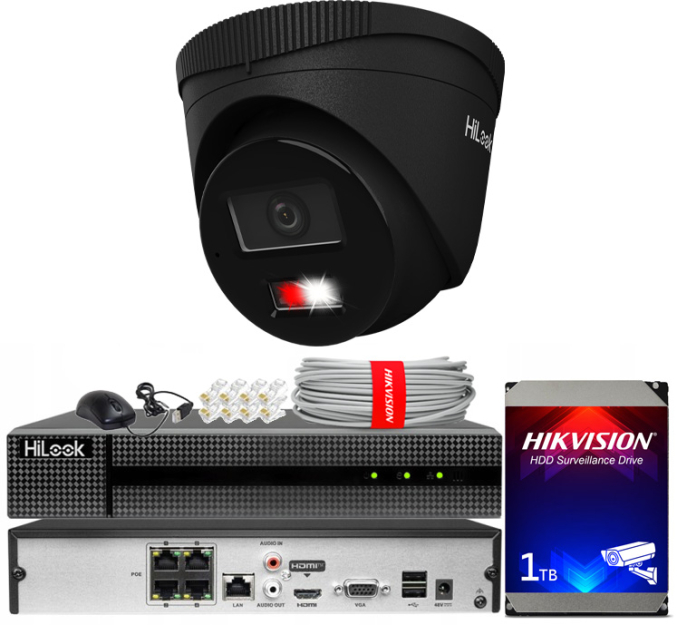 Zestaw do Monitoringu IP 6Mpx, 1 Kamera IPC-T260HA-LU BLACK Smart Hybrid Light, PoE - HiLook by Hikvision | IPC-T260HA-LU(x1)BlACK POE KIT