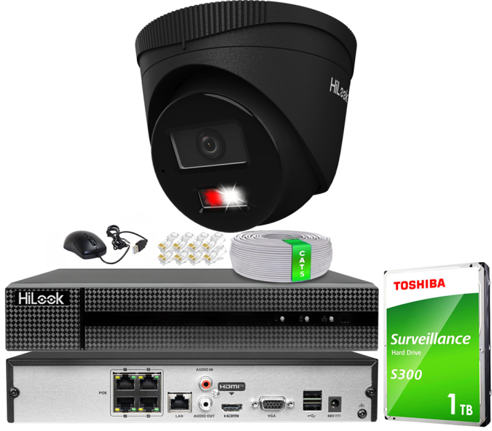 Zestaw do Monitoringu IP 6Mpx, 1 Kamera IPC-T260HA-LU BLACK Smart Hybrid Light, PoE - HiLook by Hikvision | IPC-T260HA-LU(x1)BlACK POE KIT