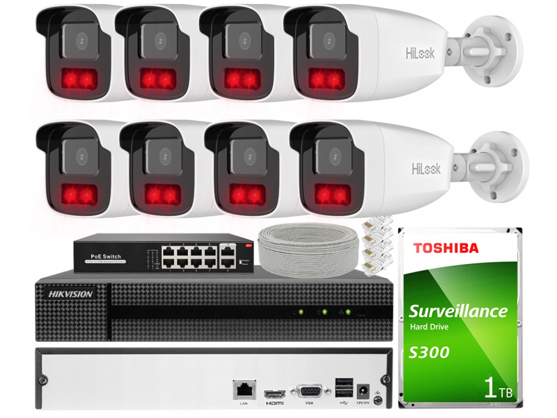 Zestaw do Monitoringu IP 2Mpx 8 Kamer IPCAM-B2-50IR, Rejestrator 8ch - HiLook by Hikvision | IPCAM-B2-50IR + HWN-2108MH