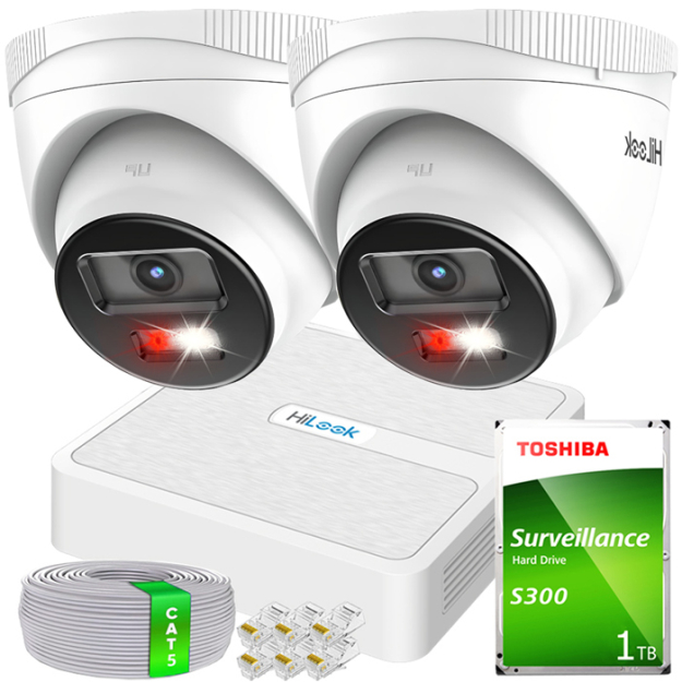 Zestaw do Monitoringu IP Full HD, 2 Kamery IPCAM-T2-30DL, Hybrid Light, Rejestrator 4ch PoE, MD 2.0 - HiLook by Hikvision | 2x IPCAM-T2-30DL- + NVR-4CH-H/4P