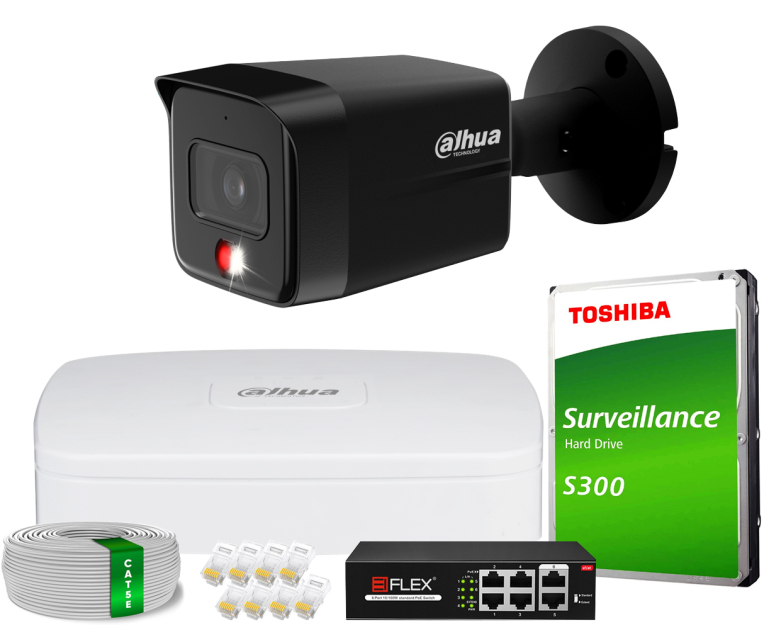 Zestaw do Monitoringu IP 6Mpx, 1 Kamera IPC-HFW1639TC-A-IL-0280B-S6 BLACK, Dual Light, PoE - DAHUA | IPC-HFW1639TC-A-IL-0280B-S6 BLACK(X1) POE KIT
