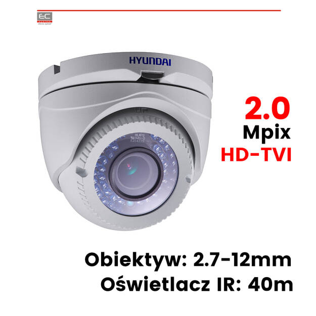 HYU-390 - Kamera kopułkowa 2Mpix, 2.7-12mm, HDTVI, DNR, ATW, AGC, IP66 - HYUNDAI