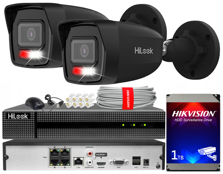 Zestaw do Monitoringu IP 6Mpx, 2 Kamery IPC-B160HA-LU BLACK Smart Hybrid Light, PoE - HiLook by Hikvision | IPC-B160HA-LU(x2)BlACK POE KIT