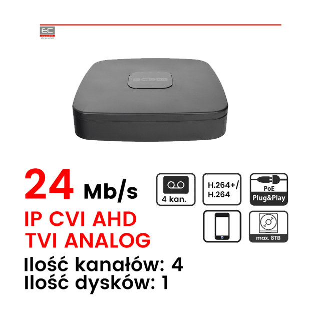 WYCOFANY - BCS-XVR04014M-E - Rejestrator 4-kanałowy, 5 Mpx, IP HD-CVI HD-TVI AHD, CVBS, H.264, 1xHDD, Onvif - BCS Line