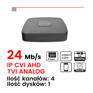 WYCOFANY - BCS-XVR04014M-E - Rejestrator 4-kanałowy, 5 Mpx, IP HD-CVI HD-TVI AHD, CVBS, H.264, 1xHDD, Onvif - BCS Line