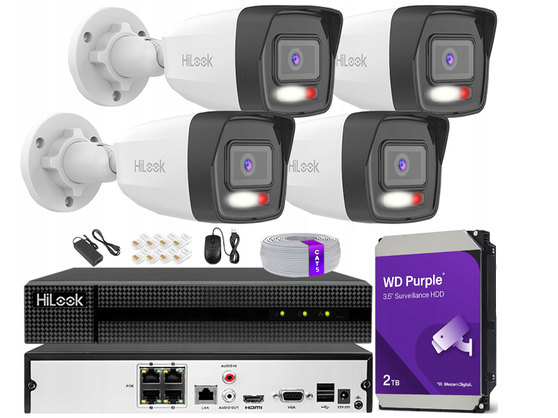 Zestaw do Monitoringu IP 6Mpx 4  Kamery IPCAM-B6-30DL, Hybrid Light, Rejestrator 4ch z PoE, MD 2.0 - HiLook by Hikvision | IPCAM-B6-30DL + NVR-4CH-5MP/4P