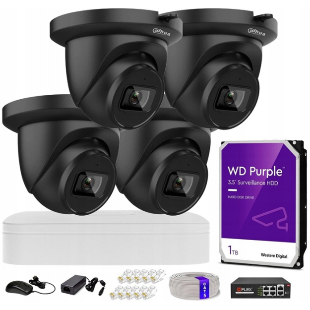 Zestaw do Monitoringu IP 4Mpx, IR30m, 4 Kamery IP, WizSense, Rejestrator 4ch, Switch PoE - Dahua | IPC-HDW2441TM-S-0280B BLACK + NVR2104-S3