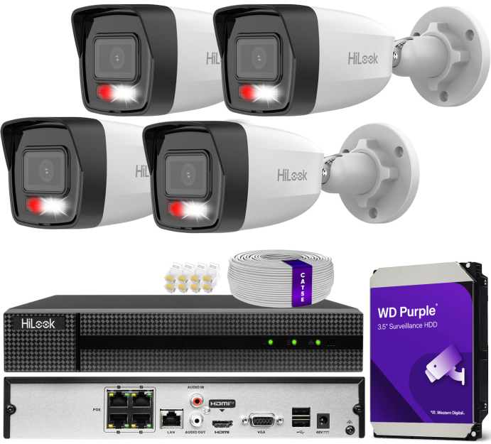 Zestaw do monitoringu IP 8Mpx 4K, 4 Kamery IPC-B180HA-LU, PoE  - HiLook by Hikvision | IPC-B180HA-LU(x4) POE KIT