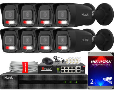 Zestaw do Monitoringu IP 6Mpx, 8 Kamer IPC-B160HA-LU BLACK Smart Hybrid Light, PoE - HiLook by Hikvision | IPC-B160HA-LU(x8)BlACK POE KIT