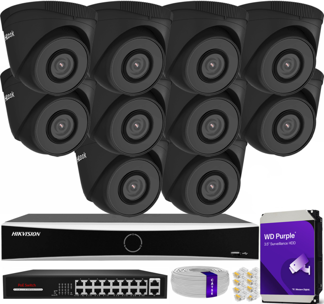 Zestaw do monitoringu IP 5Mpx, 10 Kamer IPC-T250H BLACK, PoE, IR30m - HiLook by Hikvision | IPC-T250H BLACK(x10) POE KIT
