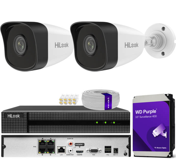 Zestaw do monitoringu IP 5Mpx, 2 Kamery IPC-B150H, PoE, IR30m - HiLook by Hikvision | IPC-B150H (x2) POE KIT