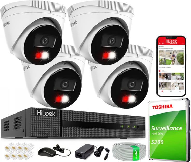 Zestaw do Monitoringu IP 4Mpx, 4 Kamery IPC-T240HA-LU Smart Hybrid Light, PoE - HiLook by Hikvision | IPC-T240HA-LU(x4) POE KIT
