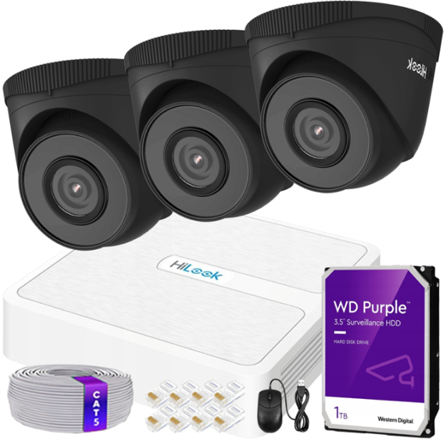 Zestaw do Monitoringu IP 5Mpx 3 Kamery IPCAM-T5 BLACK, Rejestrator 4ch z PoE - HiLook by Hikvision | IPCAM-T5 BLACK + NVR-4CH-H/4P