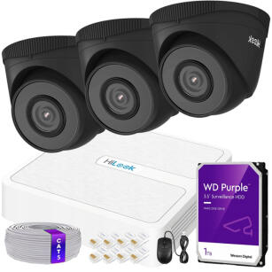 Zestaw do Monitoringu IP 5Mpx 3 Kamery IPCAM-T5 BLACK, Rejestrator 4ch z PoE - HiLook by Hikvision | IPCAM-T5 BLACK + NVR-4CH-H/4P
