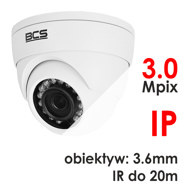 BCS-DMIP1300IR-E-III - Kamera kopułkowa 3.0 Mpix IP 3.6mm IR 20m - BCS