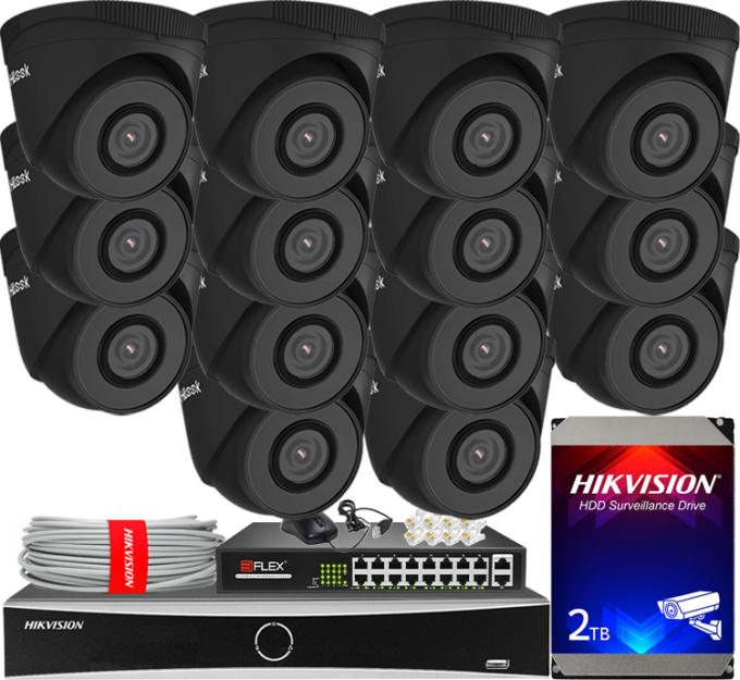 Zestaw do monitoringu IP 5Mpx, 14 Kamer IPC-T250H BLACK, PoE, IR30m - HiLook by Hikvision | IPC-T250H BLACK(x14) POE KIT