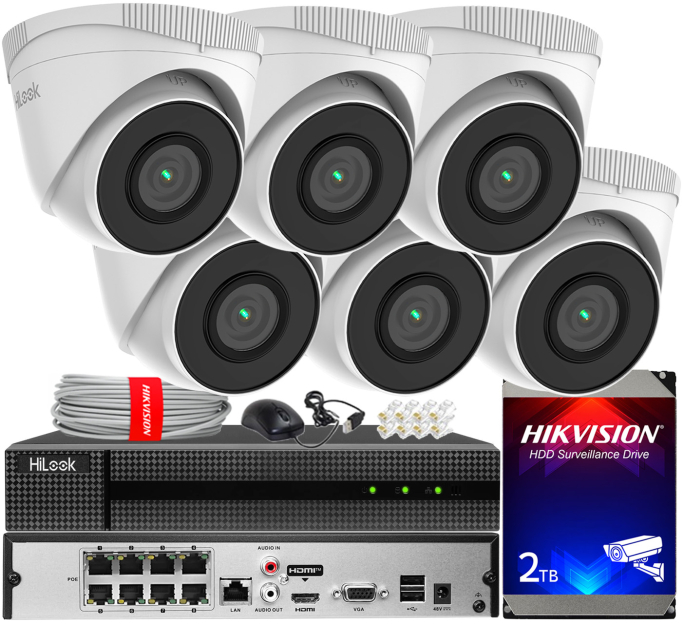 Zestaw do monitoringu IP 5Mpx, 6 Kamer IPC-T250H, PoE, IR30m - HiLook by Hikvision | IPC-T250H(x6) POE KIT