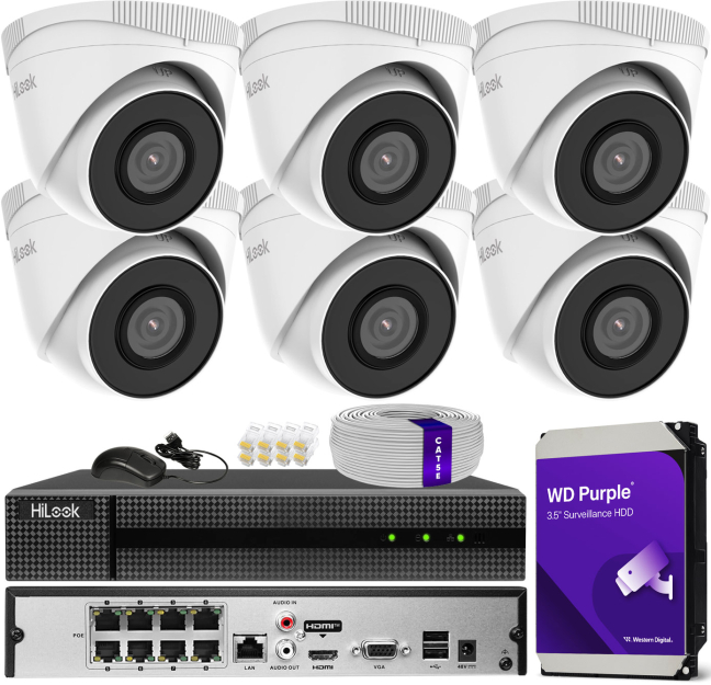 Zestaw do monitoringu IP 5Mpx, 6 Kamer IPC-T250H, PoE, IR30m - HiLook by Hikvision | IPC-T250H(x6) POE KIT