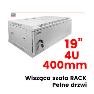 Szafa RACK wisząca, 19" 4U 400mm, pełne drzwi, kolor szary, dwustronne drzwi, miejsce na wentylator, boczne osłony - IPTIME
