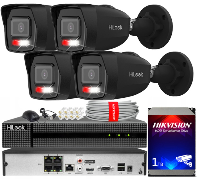 Zestaw do Monitoringu IP 6Mpx, 4 Kamery IPC-B160HA-LU BLACK Smart Hybrid Light, PoE - HiLook by Hikvision | IPC-B160HA-LU(x4)BlACK POE KIT