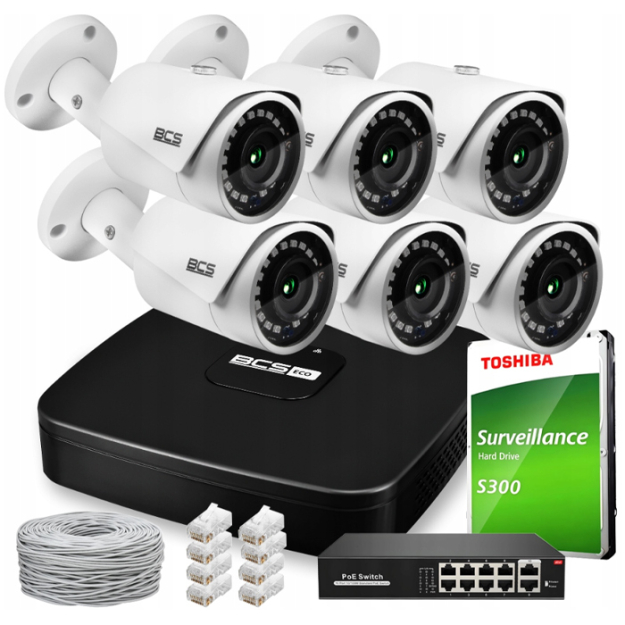 Zestaw do Monitoringu IP 4Mpx, IR30m, 6 Kamer IP BCS-L-TIP14FR3, Rejestrator 8ch, Switch PoE - BCS | BCS-L-TIP14FR3 + BCS-L-SNVR0801