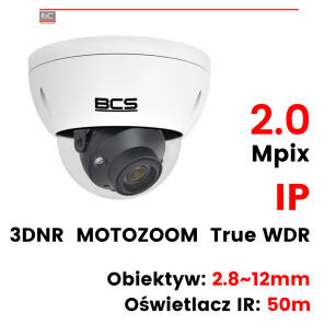 BCS-DMIP5201AIR-III - Kamera kopułkowa 2 Mpx, 2.8~12mm MOTOZOOM, True WDR, PoE, IP66, IK10 - BCS LINE