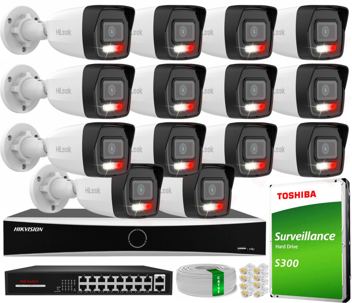 Zestaw do Monitoringu IP 4Mpx, 14 Kamer IPC-B140HA-LU Smart Hybrid Light, Rejestrator DS-7616NXI-K1, 16xPoE - HiLook by Hikvision | IPC-B140HA-LU(x14) POE KIT