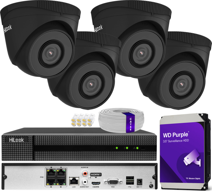 Zestaw do monitoringu IP 5Mpx, 4 Kamery IPC-T250H BLACK, PoE, IR30m - HiLook by Hikvision | IPC-T250H BLACK(x4) POE KIT