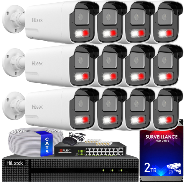 Zestaw do monitoringu IP 8Mpx, 4mm, 12 Kamer IPC-B480HA-LUF/SL Live Guard, PoE  - HiLook by Hikvision | IPC-B480HA-LUF/SL(x12) POE KIT