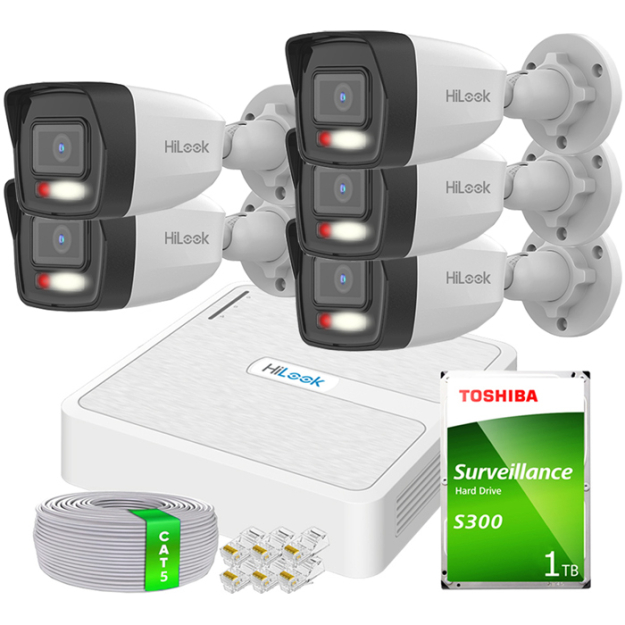 Zestaw do Monitoringu IP Full HD, 5 Kamer IPCAM-B2-30DL, Hybrid Light, Rejestrator 8ch PoE, MD 2.0 - HiLook by Hikvision | 5x IPCAM-B2-30DL- + NVR-8CH-H/8P