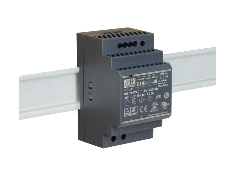HDR-60-48 - Zasilacz na szynę DIN 48V, 1.25A, zabezpieczenia SCP, OLP, OVP - MEAN WELL | HDR-60-48