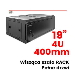 Szafa RACK wisząca, 19" 4U 400mm, pełne drzwi, kolor czarny, dwustronne drzwi, miejsce na wentylator, boczne osłony - IPTIME